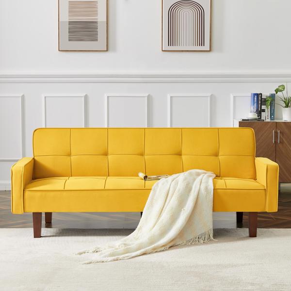 Yellow Linen Sofa Bed, Convertible Sleeper Sofa with Arms, Solid Wood Feet and Plastic Centre Legs