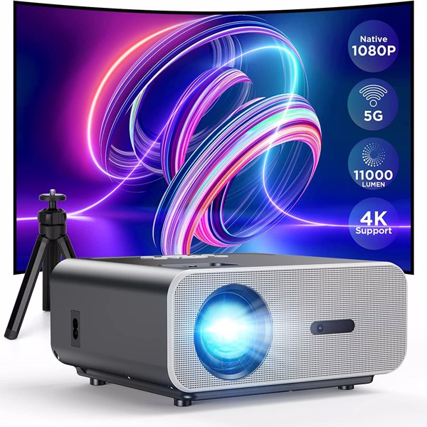 Projector with 5G WiFi and Bluetooth, VACASSO Native 1080P Portable Projector 4K Supported with Tripod, 11000L Movie Home Projector Compatible with HDMI/TV Stick, C12 Gray,  FBA 发货，周末不处理订单