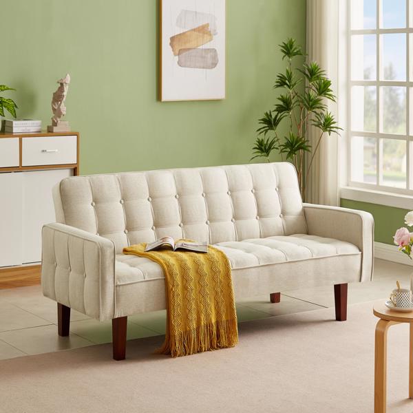 Beige, Linen Futon Sofa Bed 73.62 Inch Fabric Upholstered Convertible Sofa Bed, Minimalist Style for Living Room, Bedroom.