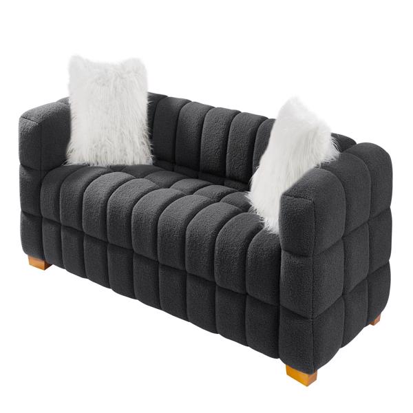 (Grey) Wide Square Arm Teddy Velvet Rectangular Sofa, 2 Pillows