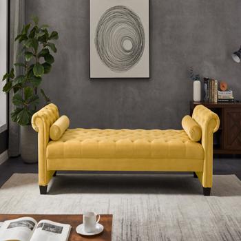 Yellow, Solid Wood Legs Velvet Rectangular Sofa Bench with Attached Cylindrical Pillows 