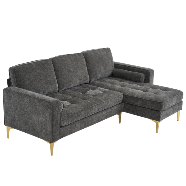 218*141*87cm 3-Seater With Footstool Chenille Rhombus Electroplated Golden Tripod Legs Indoor Modular Sofa Drak Gray