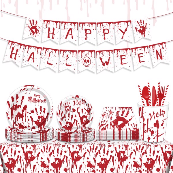  Halloween Blood Hand Bleeding Paper Plates Party Supplie Plates and Napkins Birthday Disposable Tableware Set Party Dinnerware Serves 8 Guests for Plates, Napkins, Cups 68PCS