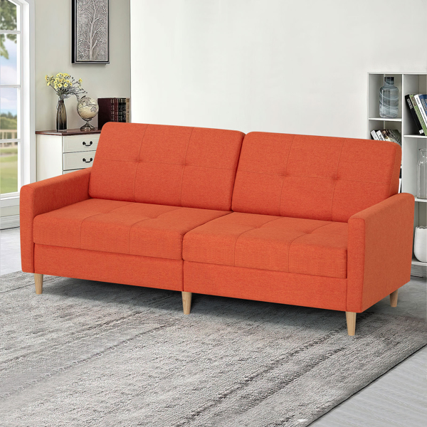  Linen Fabric Sofa Bed With Adjustable Backrest And Wooden Legs, Mordern Convertible Loveseat Couch For Your Living Room, Apartment, Office, Orange