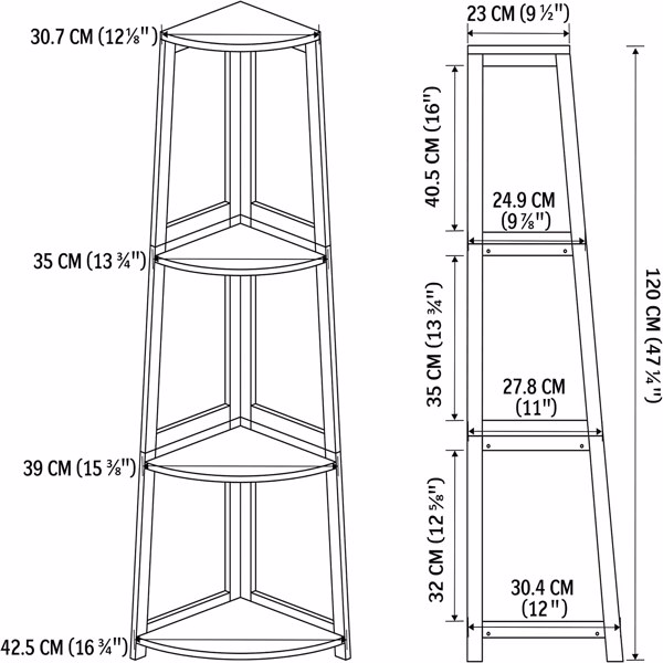 Corner Shelf, 4 Tier Bamboo Corner Bookshelf, 47.2 Inch Tall Bookcase, Open Ladder Book Case, Modern Bookshelf Stand in Living Room, Bedroom, Office, Kitchen, Balcony, Black