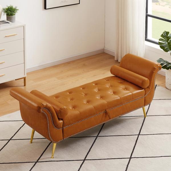 Brown, PU Leather, Metal Feet Upholstered Ottoman Bedroom Lounge Ottoman Flip Top Storage Sofa Bench