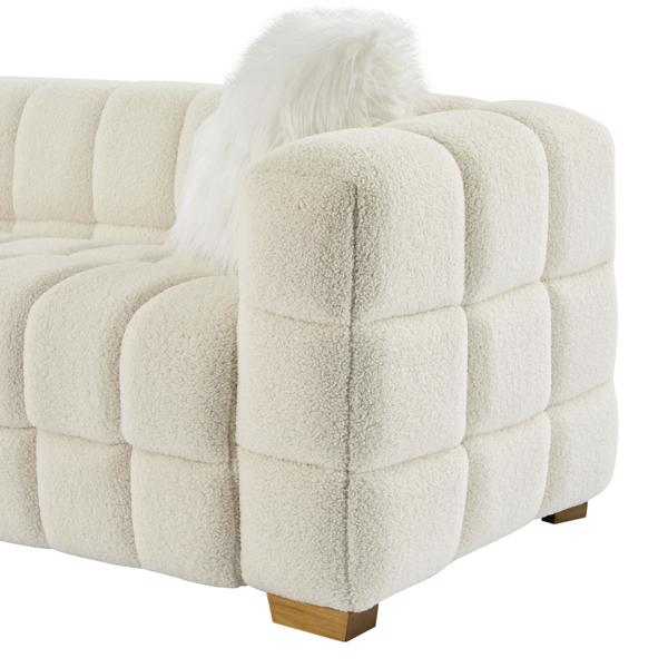 (Beige) Wide Square Arm Teddy Velvet Rectangular Sofa, 2 Pillows