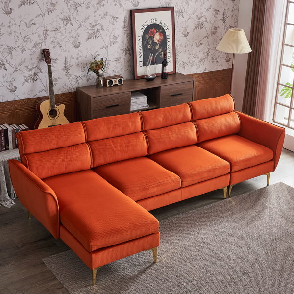 282*142*88cm Pushback Chair Shape Four Seats with Footstool Flannel Diamond Electroplated Gold Triple Leg Indoor Modular Sofa Burnt Orange Color