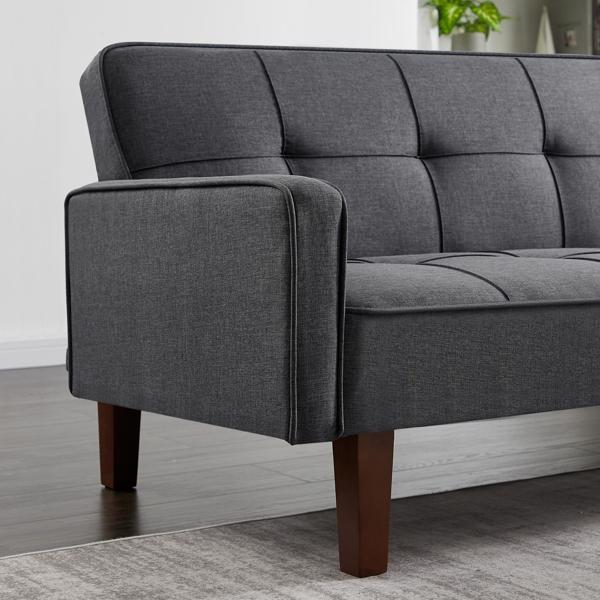 Grey Linen Sofa Bed, Convertible Sleeper Sofa with Arms, Solid Wood Feet and Plastic Centre Legs