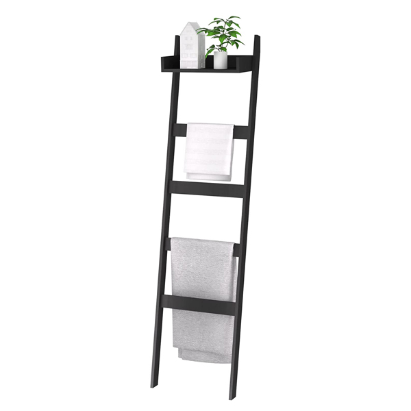 Blanket Ladder with Shelf, 5 Tier Towel Racks Bamboo Blanket Holder, Decorative Blanket, Quilt, Towel, Scarf Ladder Shelves for Livingroom, Bedroom, Bathroom, Farmhouse (Black)