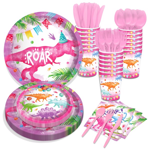 Pink Dinosaur Girl Paper Plates Party Supplie Plates and Napkins Birthday Disposable Tableware Set Party Dinnerware Serves 8 Guests for Plates, Napkins, Cups 68PCS