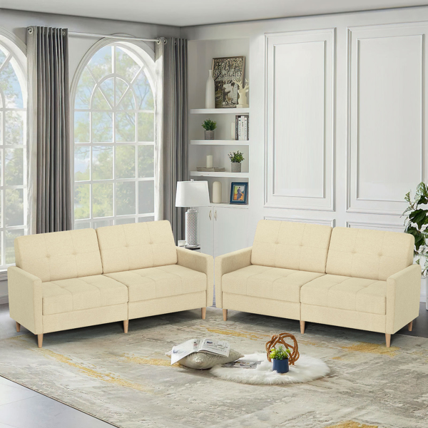  Linen Fabric Sofa Bed With Adjustable Backrest And Wooden Legs, Mordern Convertible Loveseat Couch For Your Living Room, Apartment, Office, Beige