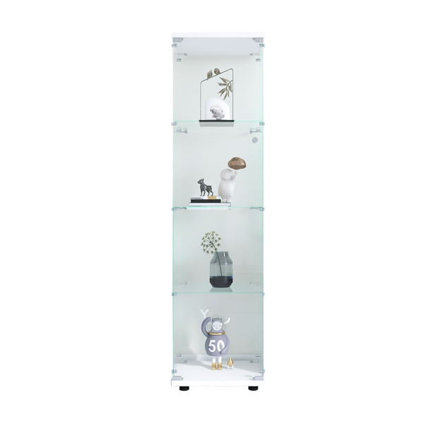 Glass Display Cabinet with 4 Shelves, Curio Cabinets for Living Room, Bedroom, Office, Black Floor Standing Glass Bookshelf, Quick Installation，64.7*16.7*14.3,White