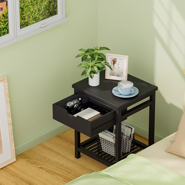 Nightstand, End Table with Open Shelf, Side Table with Drawer and Storage Shelf, Bedside Bamboo Table for Small Spaces, Living Room, Bedroom (Black)