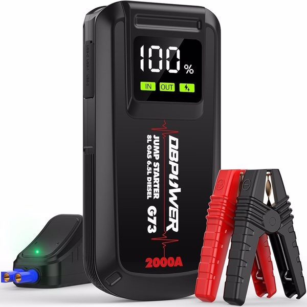 DBPOWER Jump Starter 2000A Peak Portable Car Jump Starter for Up to 8.0L Gas and 6.5L Diesel Engines, 12V Lithium Battery Booster Pack with 2.5" LCD Display, Smart Jumper Cables and LED Light