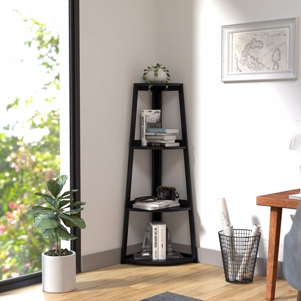 Corner Shelf, 4 Tier Bamboo Corner Bookshelf, 47.2 Inch Tall Bookcase, Open Ladder Book Case, Modern Bookshelf Stand in Living Room, Bedroom, Office, Kitchen, Balcony, Black