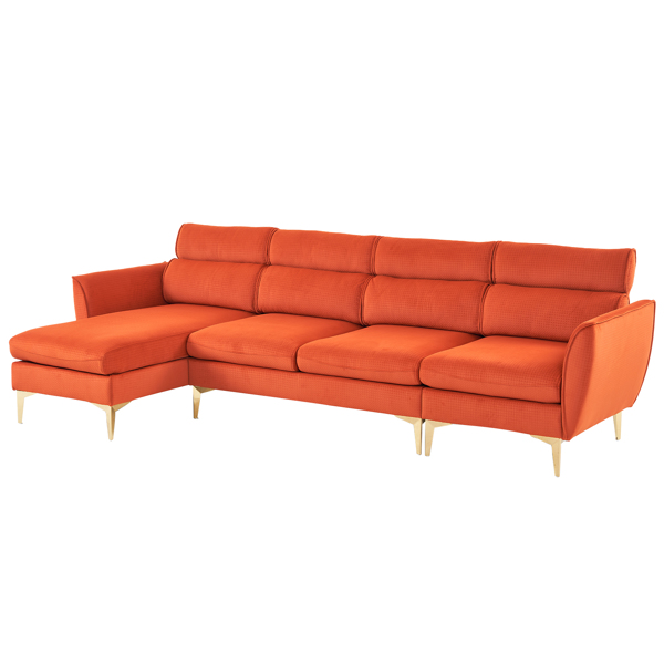 282*142*88cm Pushback Chair Shape Four Seats with Footstool Flannel Diamond Electroplated Gold Triple Leg Indoor Modular Sofa Burnt Orange Color