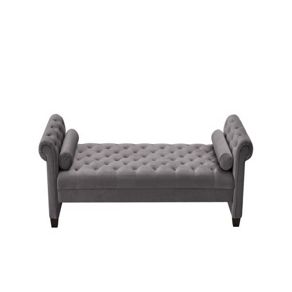 Dark Grey, Solid Wood Legs Velvet Rectangular Sofa Bench with Attached Cylindrical Pillows