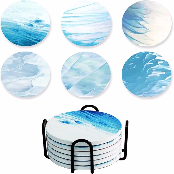 Coasters for Drinks Set of 6, Ocean Style Drink Coasters with Holder, Round Marble Absorb Water Cork Coaster for Coffee Table Gifts Home Decor, 4 Inches
