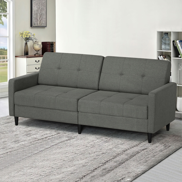 Linen Fabric Sofa Bed With Adjustable Backrest And Wooden Legs, Mordern Convertible Loveseat Couch For Your Living Room, Apartment, Office, Grey