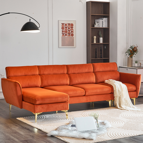 282*142*88cm Pushback Chair Shape Four Seats with Footstool Flannel Diamond Electroplated Gold Triple Leg Indoor Modular Sofa Burnt Orange Color