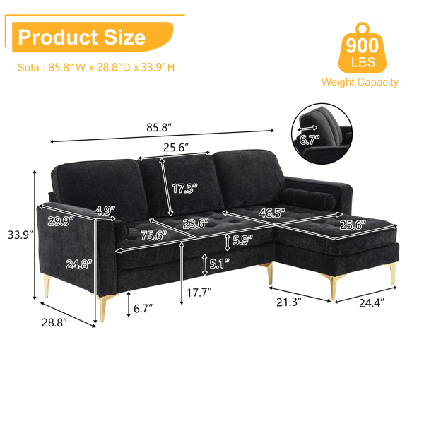 218*141*87cm 3-Seater With Footstool Chenille Rhombus Electroplated Golden Tripod Legs Indoor Modular Sofa Black
