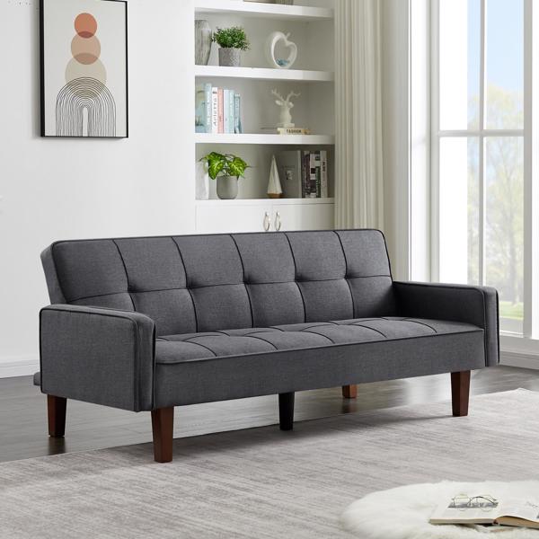 Grey Linen Sofa Bed, Convertible Sleeper Sofa with Arms, Solid Wood Feet and Plastic Centre Legs