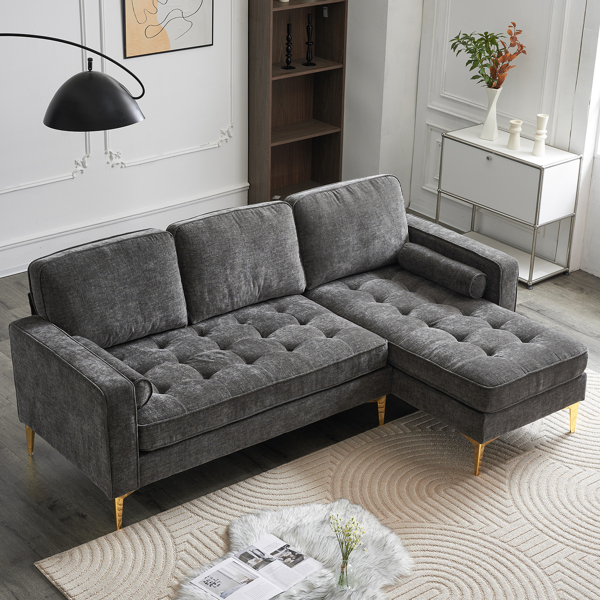 218*141*87cm 3-Seater With Footstool Chenille Rhombus Electroplated Golden Tripod Legs Indoor Modular Sofa Drak Gray