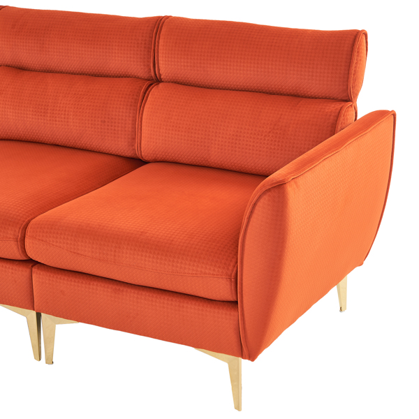 FCH 282*142*88cm Pushback Chair Shape Four Seats with Footstool Plaid Fleece Diamond Electroplated Gold Triple Leg Indoor Modular Sofa Burnt Orange Color
