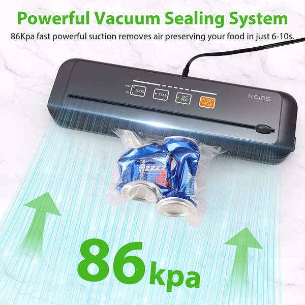 KOIOS Vacuum Sealer Machine, 86Kpa Automatic Vacuum Air Food Sealer with Built-in Cutter Starter Kit, Dry & Moist Food Preservation Modes, Pulse Function, VS6621 Black, (FBA 发货，周末不发货)
