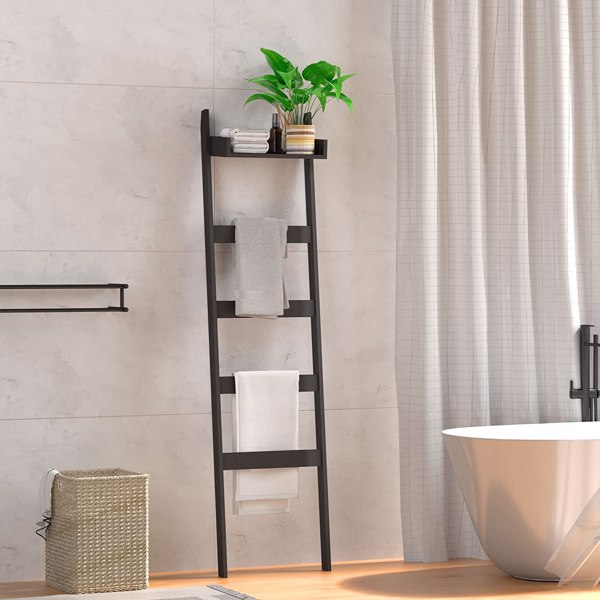 Blanket Ladder with Shelf, 5 Tier Towel Racks Bamboo Blanket Holder, Decorative Blanket, Quilt, Towel, Scarf Ladder Shelves for Livingroom, Bedroom, Bathroom, Farmhouse (Black)