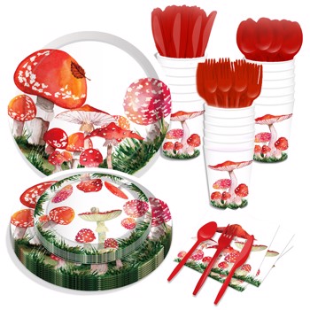 Red Watercolor Mushroom Paper Plates Party Supplie Plates and Napkins Birthday Disposable Tableware Set Party Dinnerware Serves 8 Guests for Plates, Napkins, Cups 68PCS