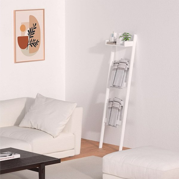 Blanket Ladder with Shelf, 5 Tier Towel Racks, Bamboo Blanket Holder, Decorative Blanket, Quilt, Towel, Scarf Ladder Shelves for Livingroom, Bedroom, Bathroom, Farmhouse (White)