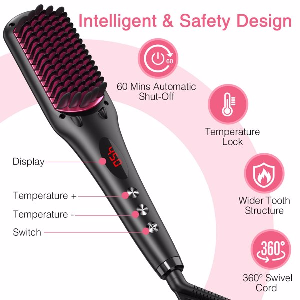 Enhanced Ceramic Hair Straightener Brush by MiroPure, 2-in-1 Ionic Straightening Brush w/Anti-Scald Feature Suit for All Hair Types, Auto Temperature Lock & Auto-Off Function, 16 Set, (FBA 发货，周末不发货)