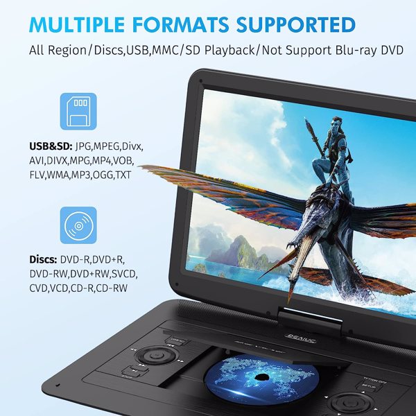 DEVINC 17.9" Portable DVD Player with 15.6" HD Swivel Screen, Support Multiple DVD CD Formats/USB/SD Card/Sync TV, 6 Hours Rechargeable Battery, Region Free, ZC-07 Black, 周末不发货