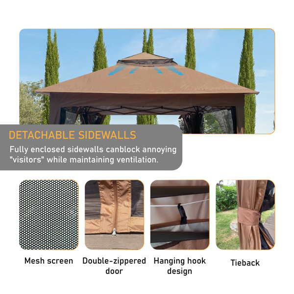 11 x 11 Ft 2-Tier Top Pop-Up Gazebo With Removable Zipper Netting and 4 Sandbags,Brown [Sale to Temu is Banned.Weekend can not be shipped, order with caution]