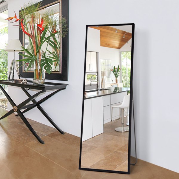 59" x 19.7" Frame Full Length Mirror with Stand, Black ，Full Body Mirror, Metal Frame Full-Length Mirror for Living Room, Bedroom