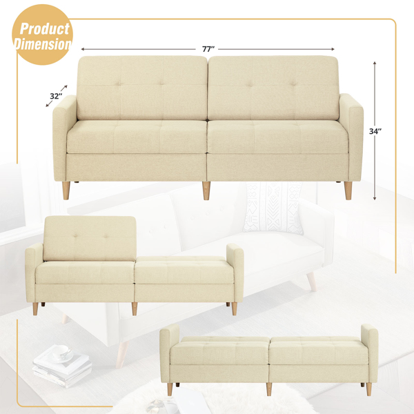  Linen Fabric Sofa Bed With Adjustable Backrest And Wooden Legs, Mordern Convertible Loveseat Couch For Your Living Room, Apartment, Office, Beige