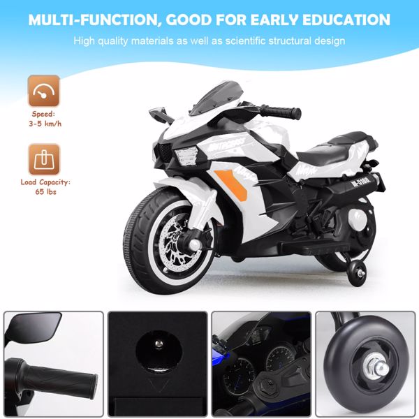 12V Battery Motorcycle, 2 Wheel Motorbike Kids Rechargeable Ride On Car Electric Cars Motorcycles--WHITE