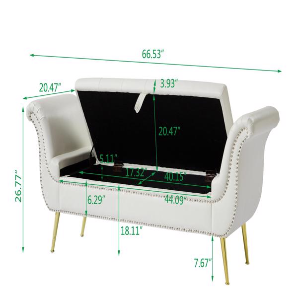 White, PU Leather, Metal Feet Upholstered Ottoman Bedroom Lounge Ottoman Flip Top Storage Sofa Bench