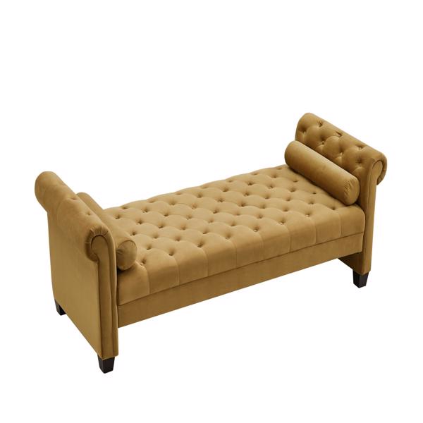 Brown, Solid Wood Legs Velvet Rectangular Sofa Bench with Attached Cylindrical Pillows