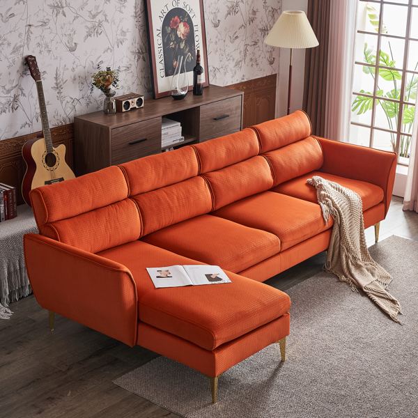 282*142*88cm Pushback Chair Shape Four Seats with Footstool Flannel Diamond Electroplated Gold Triple Leg Indoor Modular Sofa Burnt Orange Color