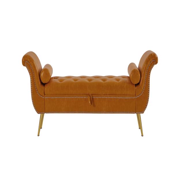 Brown, PU Leather, Metal Feet Upholstered Ottoman Bedroom Lounge Ottoman Flip Top Storage Sofa Bench