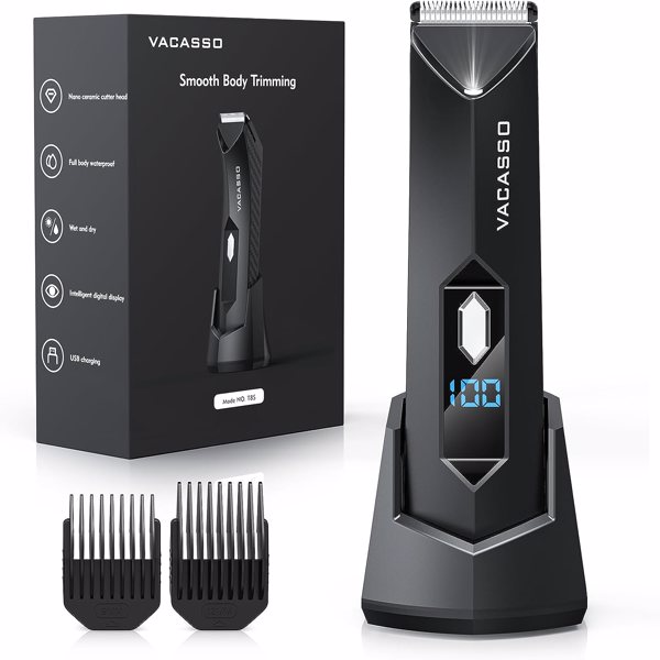 VACASSO Electric Body Hair Trimmer for Men Groin Hair Trimmer Ball Shaver w/Light&LED Display, USB Recharge Dock, Adjustable Ceramic Blade Head, Waterproof Male Pubic Hair Trim Hygiene Razor