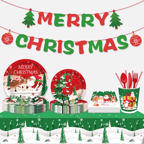 Christmas Tree Santa Claus Paper Plates Party Supplie Plates and Napkins Birthday Disposable Tableware Set Party Dinnerware Serves 8 Guests for Plates, Napkins, Cups 68PCS
