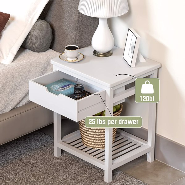 Nightstand, End Table with Open Shelf, Side Table with Drawer and Storage Shelf, Bedside Bamboo Table for Small Spaces, Living Room, Bedroom (White)