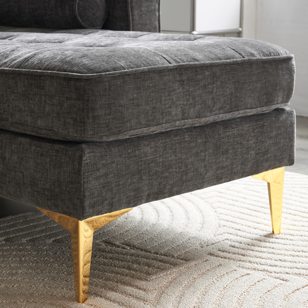 218*141*87cm 3-Seater With Footstool Chenille Rhombus Electroplated Golden Tripod Legs Indoor Modular Sofa Drak Gray