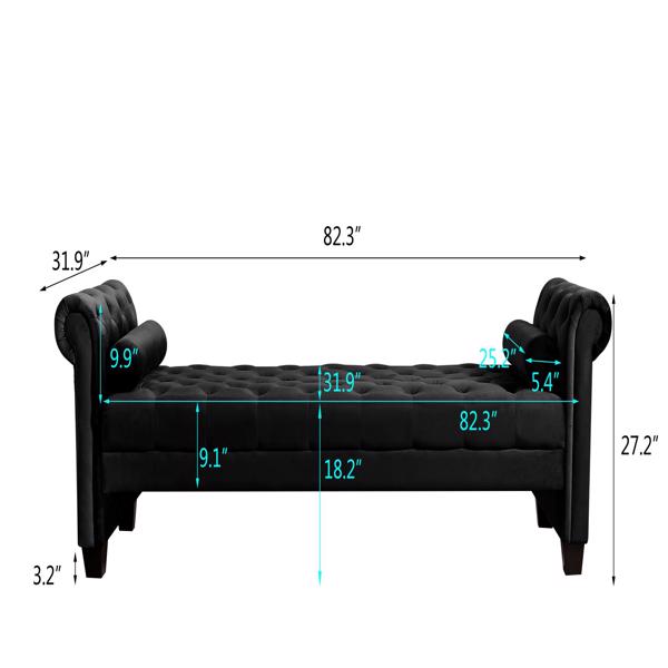 Black,  Solid Wood Legs Velvet Rectangular Sofa Bench with Attached Cylindrical Pillows 