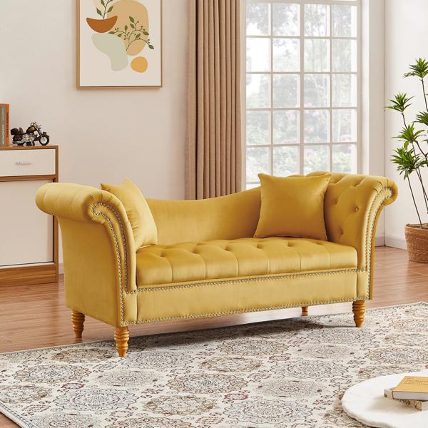 Velvet Sofa Stool with 2 Pillows in Light Brown