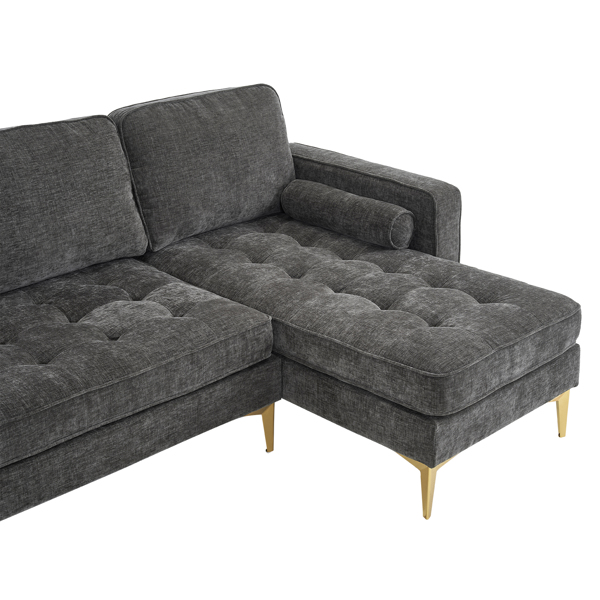 218*141*87cm 3-Seater With Footstool Chenille Rhombus Electroplated Golden Tripod Legs Indoor Modular Sofa Drak Gray